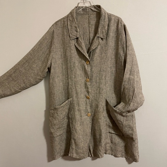 FLAX Long Linen Button Up Tunic Tan/Beige Jacket XL - Picture 3 of 10